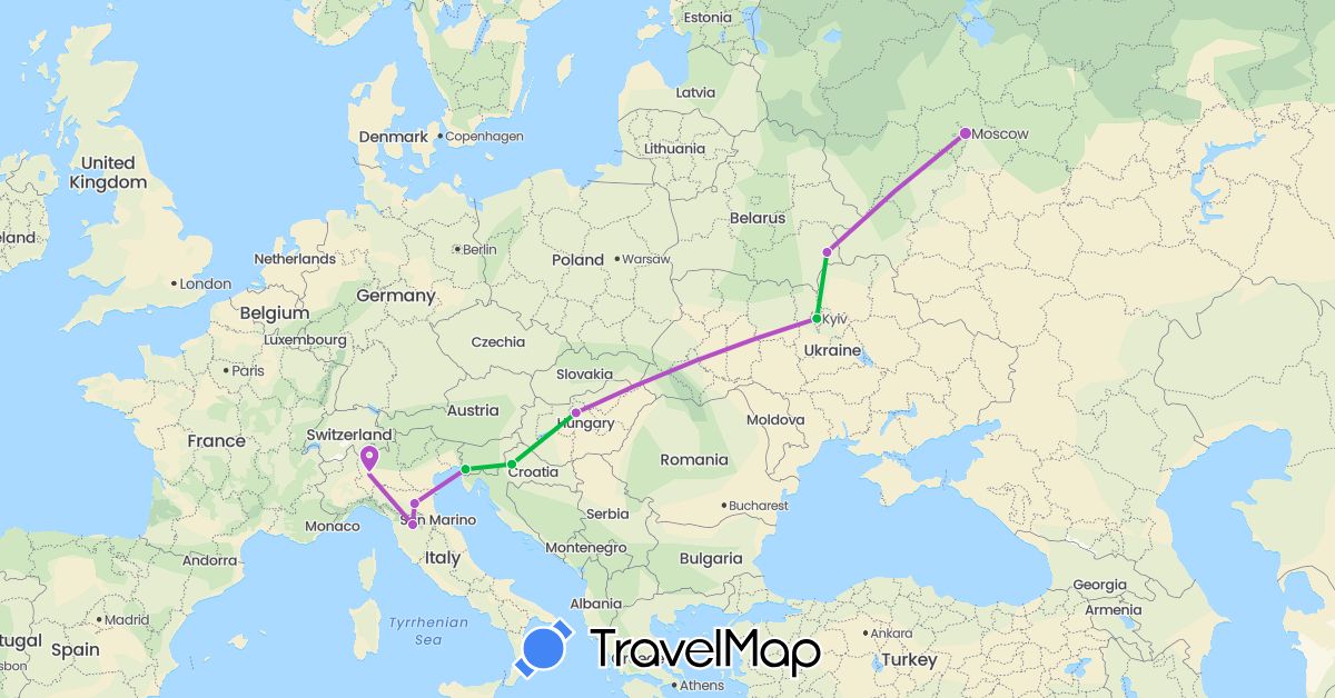TravelMap itinerary: driving, bus, train in Belarus, Croatia, Hungary, Italy, Russia, Ukraine (Europe)